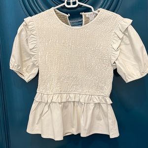 NWOT TCEC smocked ruffle peplum leather pleather ivory blouse
